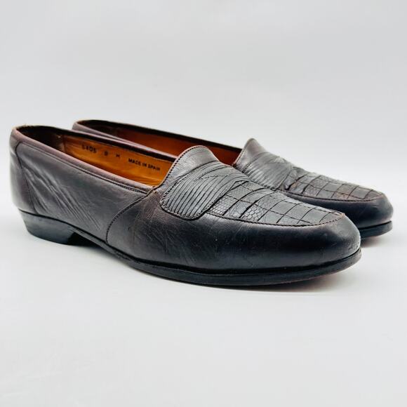 Magnanni Shoes Mens 8 Brown Leather Lizard Front Loafers Vintage Slip On Dress - Picture 2 of 12